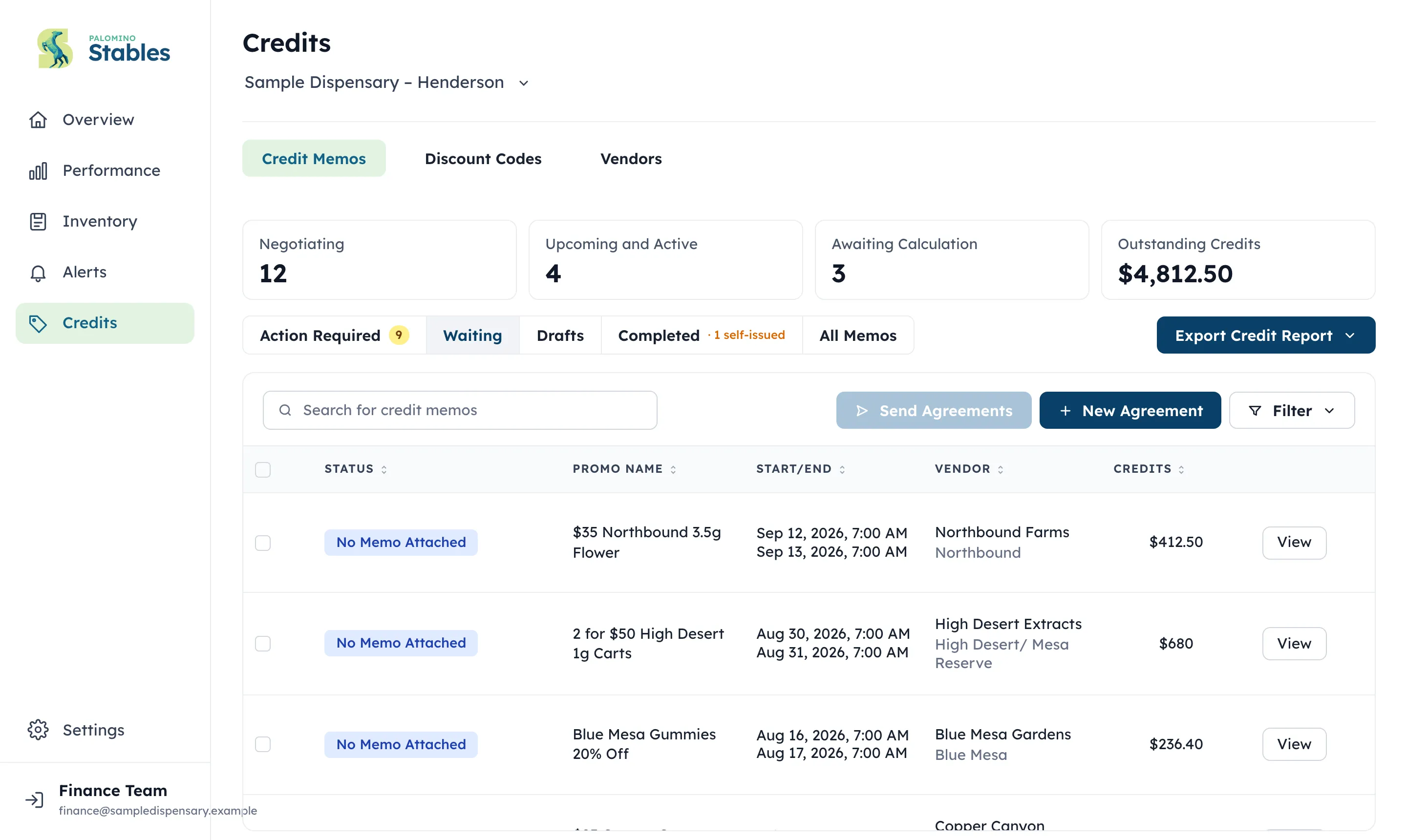 Stables Credits view: four summary cards (Negotiating, Upcoming and Active, Awaiting Calculation, Outstanding Credits), status tabs, and a table of promotions with vendor, dates, credit amount and status